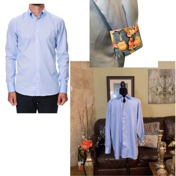 ETON Blue Button Down Tennis Racket Floral Print Flip Cuff Shirt XL - Picture 1 of 11